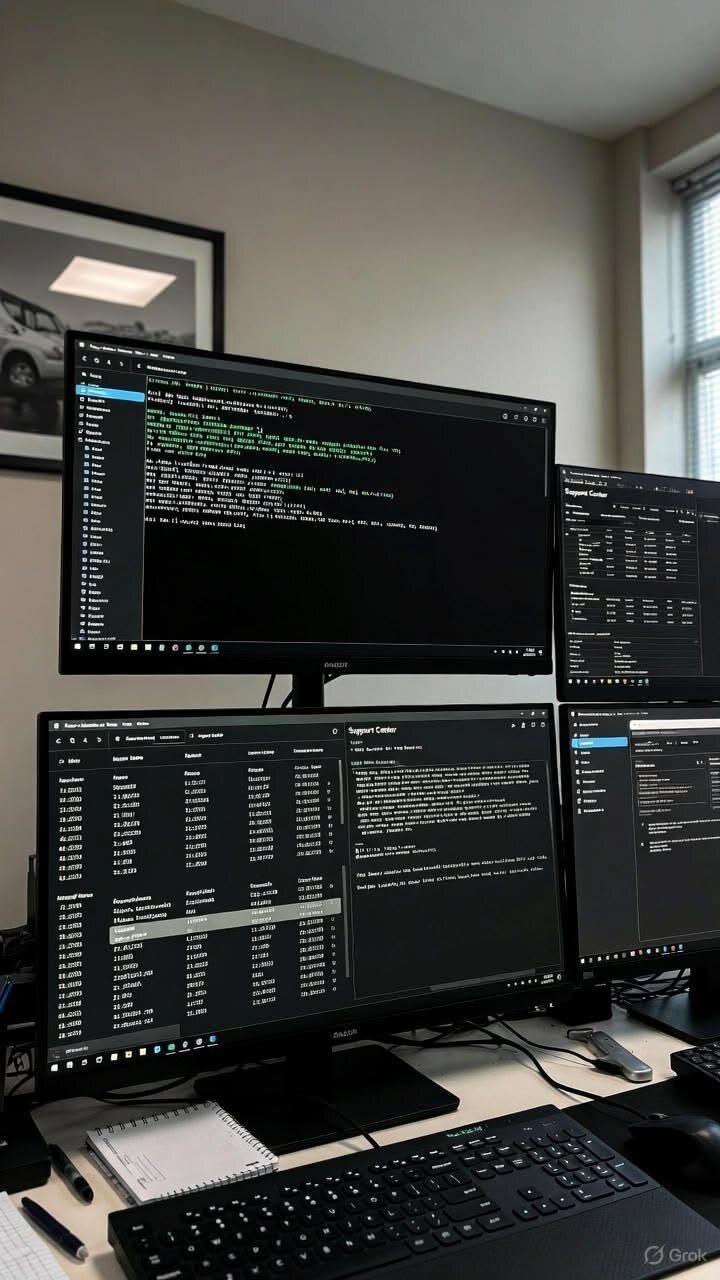 A multi-monitor workstation displaying business dashboards